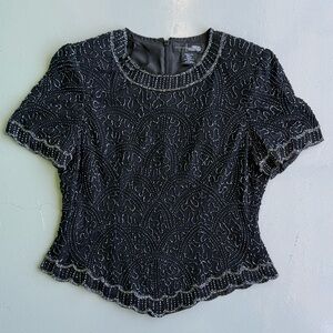 Glass Bead Embellished Black Fitted Blouse 100% Silk size Large